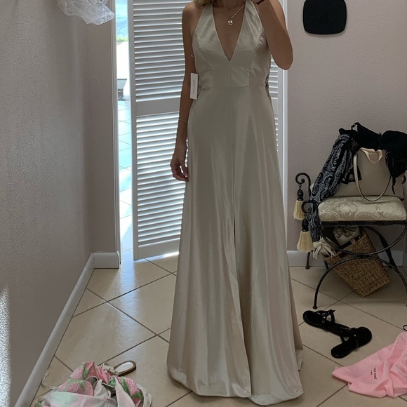 JENNY YOO Corinne Bridesmaid Satin Latte Color Dress- basically brand new! - Picture 9 of 9